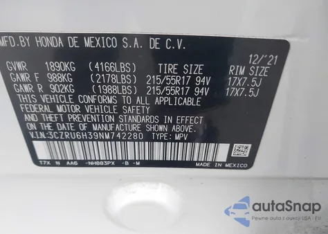 2022 Honda Hr-V Awd Lx z USA, uszkodzony, nr VIN 3CZRU6H39NM742280